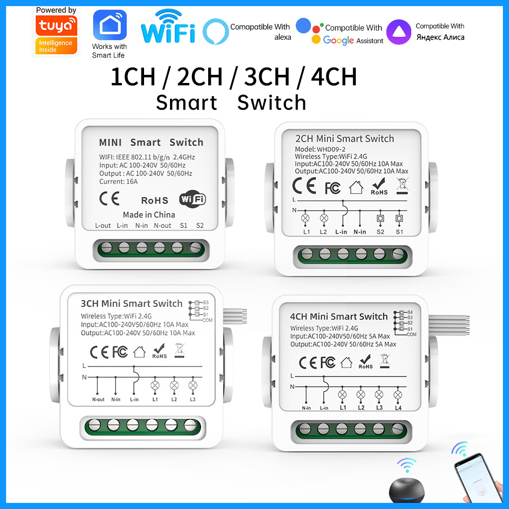 Smart Home Alexa - Tuya WiFi Smart-Schalter 1/2/3/4-fach 4-Wege Mini