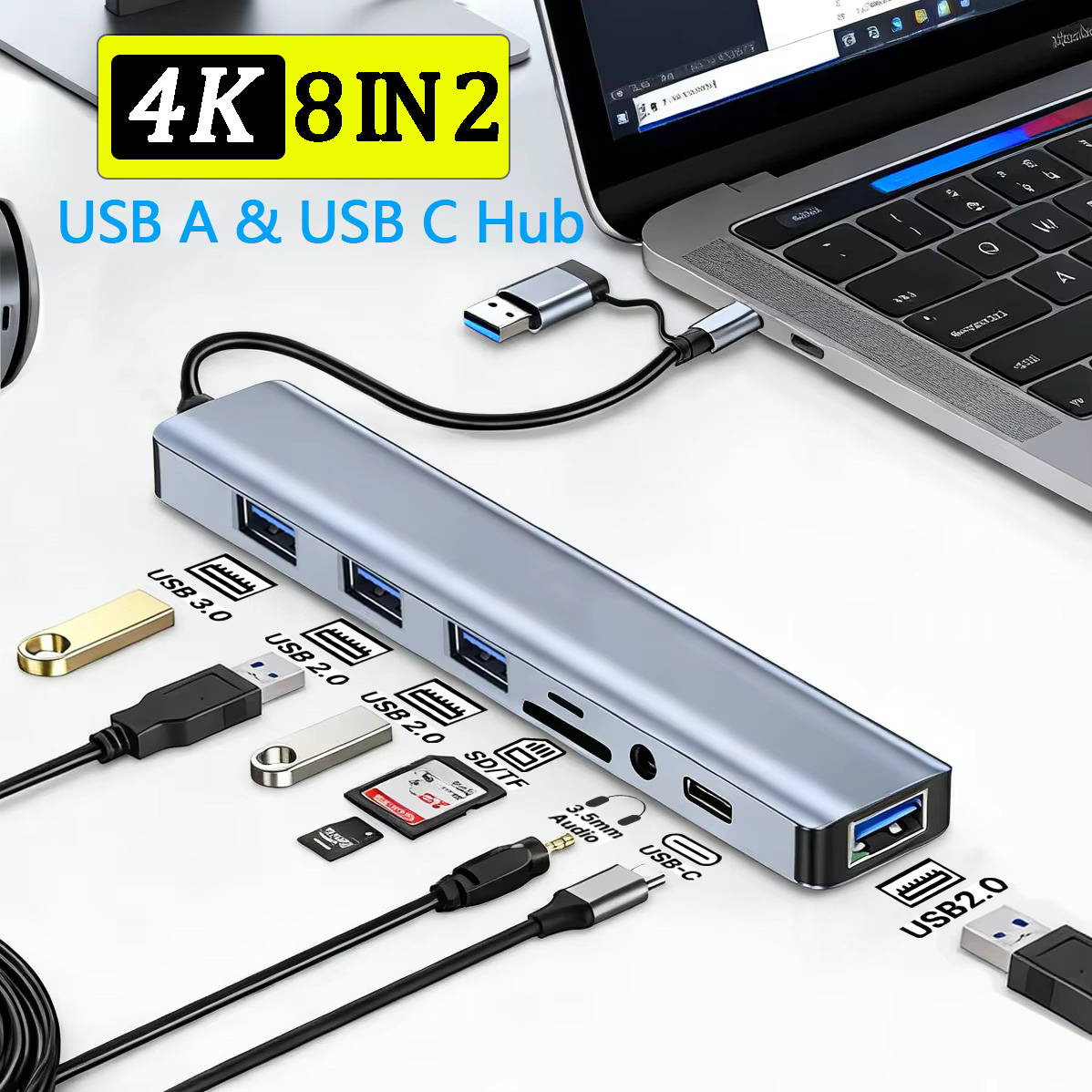 Smart Home Hub 2 - 8-in-2 USB-C-Hub-Expander, Multiport-Adapter, Typ-C-Splitter-Dock, USB 3.0